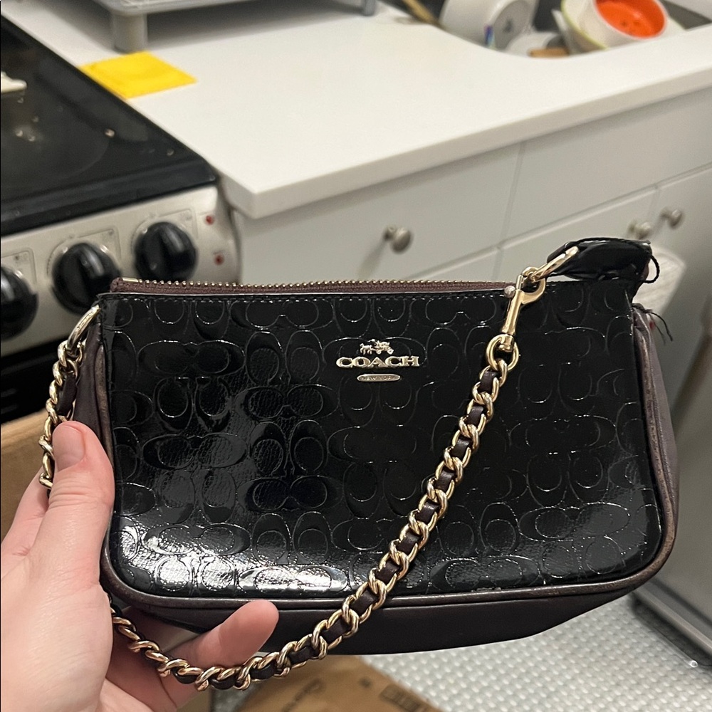 Coach Black Patent Leather Wristlet with Gold Chain (faux)